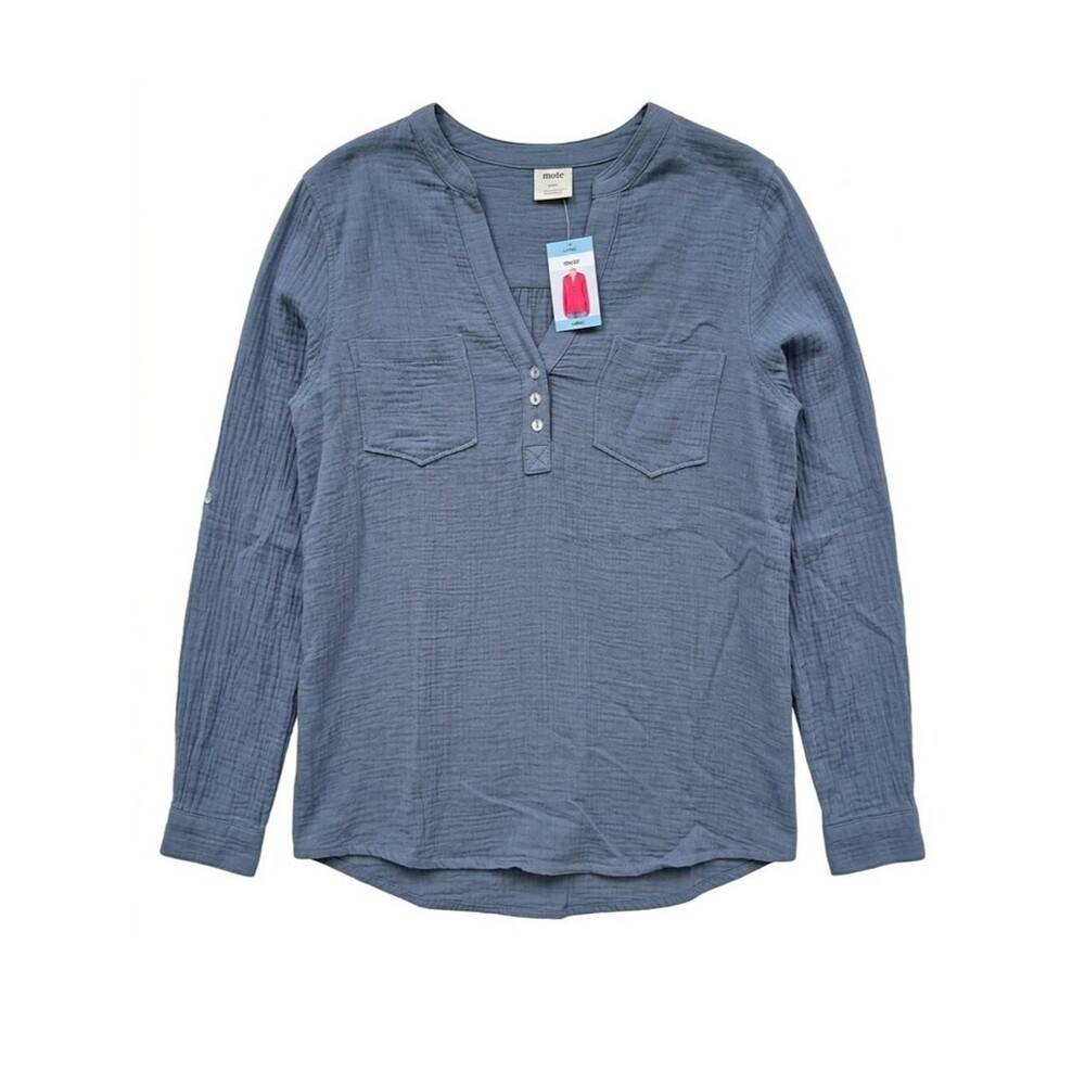 Mote Gauzy Henley Shirt Size: L Gray Long Sleeve V-Neck Cotton